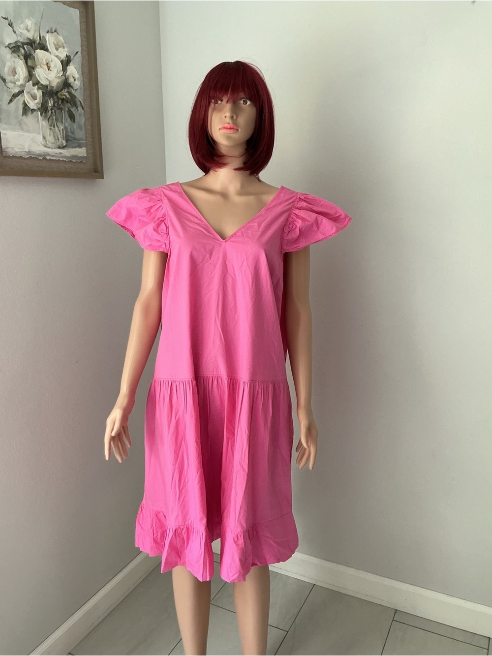 Who What Wear Pink V-Neck Puff Sleeve Midi Dress
